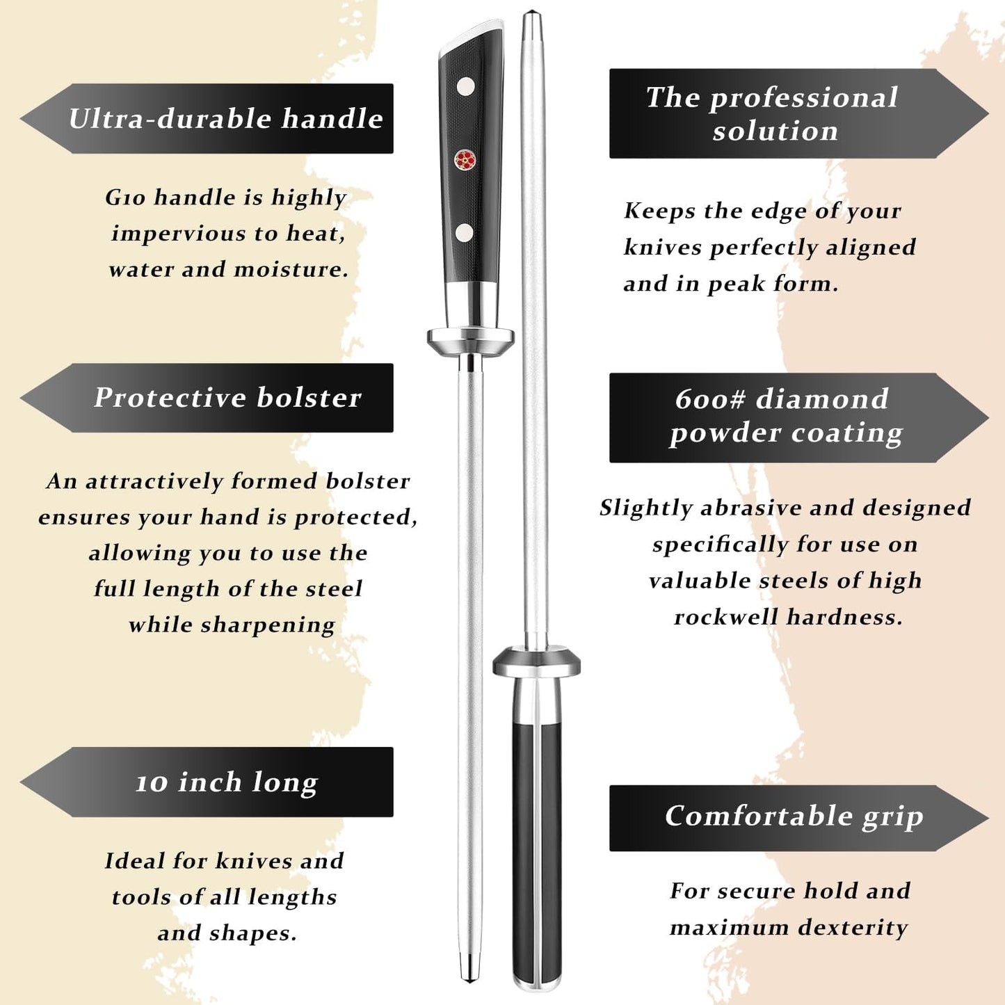 Seido Shujin 10 Inch Diamond-Coated Knife Sharpening Rod, G10 Handle | Diamond-coated sharpening rod with ergonomic G10 handle for quick edge maintenance, honing, and kitchen knife care.