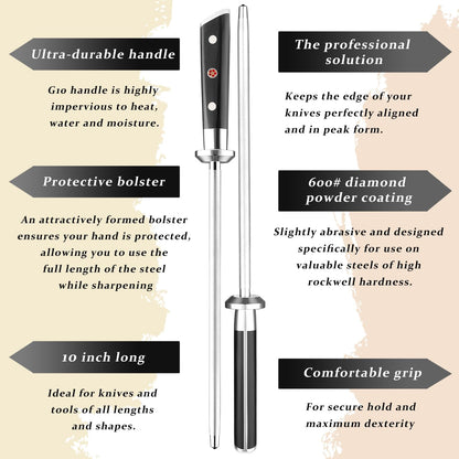 Seido Shujin 10 Inch Diamond-Coated Knife Sharpening Rod, G10 Handle | Diamond-coated sharpening rod with ergonomic G10 handle for quick edge maintenance, honing, and kitchen knife care.