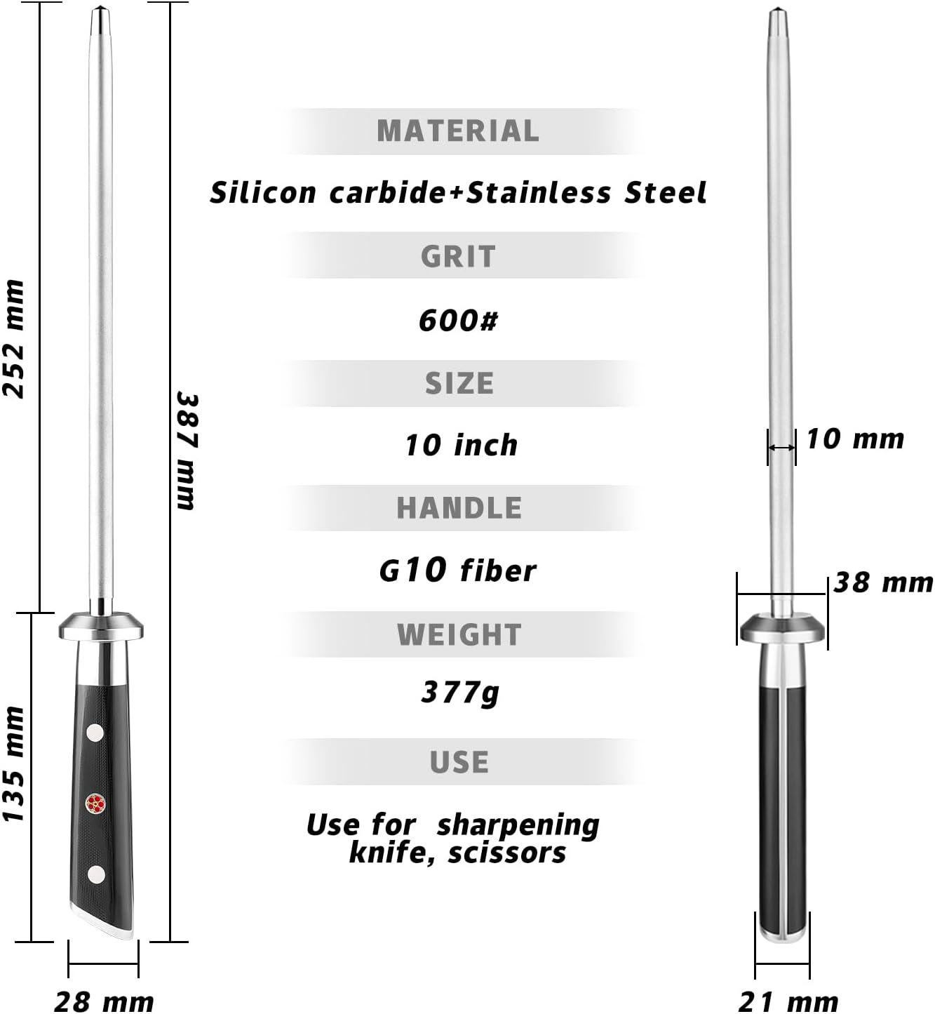 Seido Shujin 10 Inch Diamond-Coated Knife Sharpening Rod, G10 Handle | Diamond-coated sharpening rod with ergonomic G10 handle for quick edge maintenance, honing, and kitchen knife care.