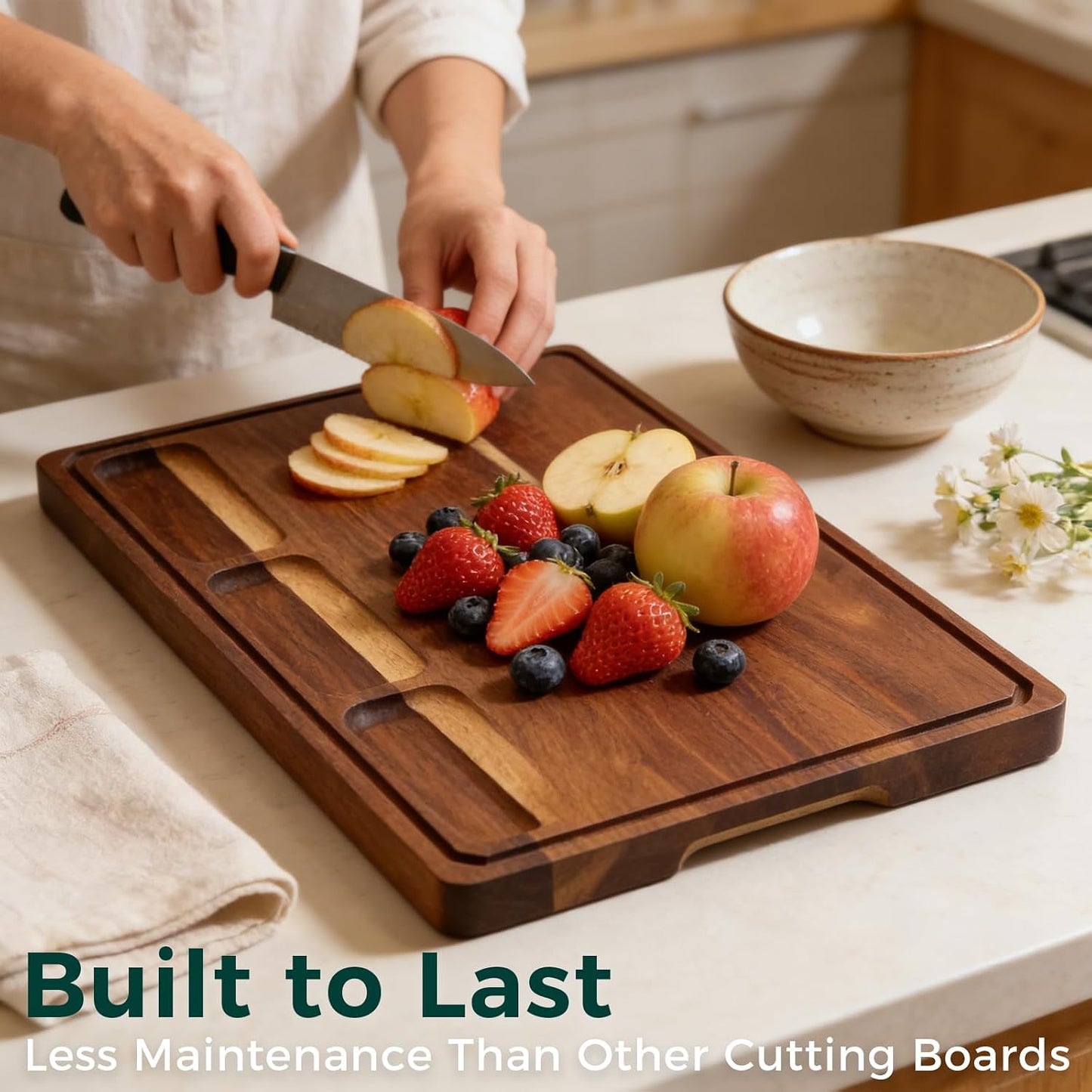 Walnut Cutting Board, Made in USA, FSC-Certified Walnut, Cutting Boards for Kitchen with 3 Built-in Compartments and Juice Grooves, End Grain Cutting Board with Handle, for Meat, Fruit(1.2" Thick)