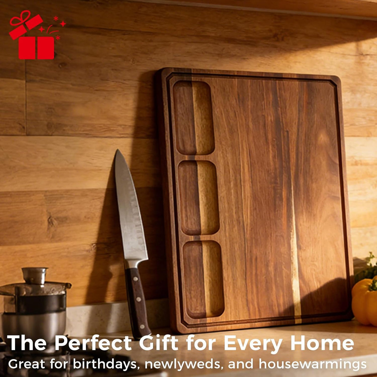 Walnut Cutting Board, Made in USA, FSC-Certified Walnut, Cutting Boards for Kitchen with 3 Built-in Compartments and Juice Grooves, End Grain Cutting Board with Handle, for Meat, Fruit(1.2" Thick)