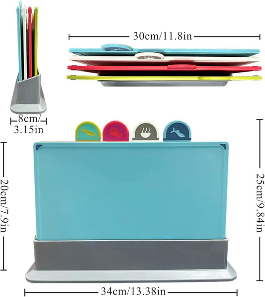 Cutting Board Set with Storage Stand,4 Colour Plastic Cutting Board Set with Food Icon,Suitable for Different Foods