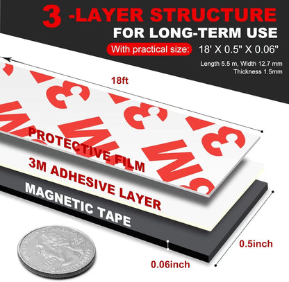 Magnetic Tape, Flexible Magnet Tape Strips Roll (1/2'' Wide x 18 ft Long) with Strong 3M Adhesive Backing, Perfect for DIY, Art Projects, whiteboards & Fridge Organization
