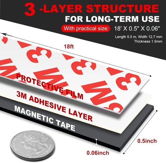 Magnetic Tape, Flexible Magnet Tape Strips Roll (1/2'' Wide x 18 ft Long) with Strong 3M Adhesive Backing, Perfect for DIY, Art Projects, whiteboards & Fridge Organization