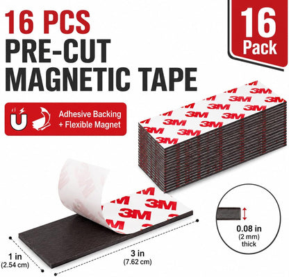 16 Pack Magnetic Strip, Magnetic Tape with Adhesive Backing, Magnet Strips Heavy Duty (3" X 1") Strong Adhesive Magnetic Strips for DIY, Fridge, Whiteboard, Crafts, Signs, Cabinet（Right Angle）