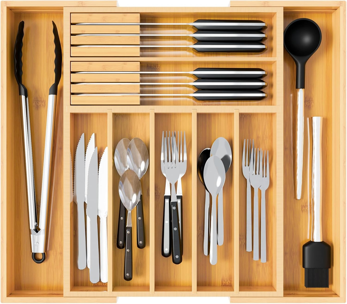 Bamboo Expandable Drawer Organizer for Kitchen Utensils, Adjustable Silverware Tray with 9 Deep Slots for Large Spoons & Knives, Natural Wood Flatware Caddy for Cutlery Storage (Fits 13"-20")