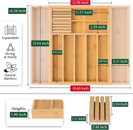 Bamboo Expandable Drawer Organizer for Kitchen Utensils, Adjustable Silverware Tray with 9 Deep Slots for Large Spoons & Knives, Natural Wood Flatware Caddy for Cutlery Storage (Fits 13"-20")
