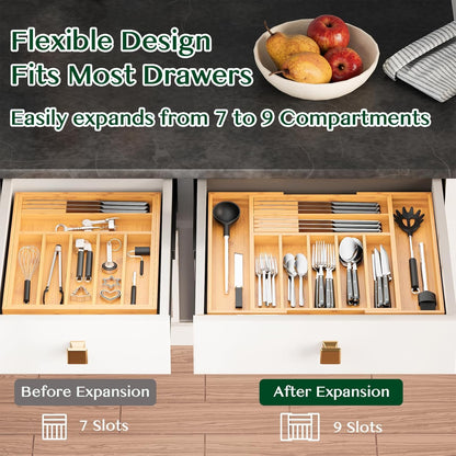Bamboo Expandable Drawer Organizer for Kitchen Utensils, Adjustable Silverware Tray with 9 Deep Slots for Large Spoons & Knives, Natural Wood Flatware Caddy for Cutlery Storage (Fits 13"-20")