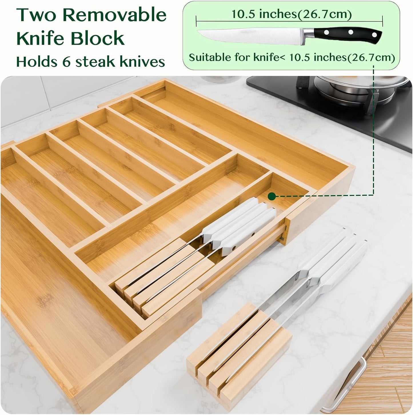 Bamboo Expandable Drawer Organizer for Kitchen Utensils, Adjustable Silverware Tray with 9 Deep Slots for Large Spoons & Knives, Natural Wood Flatware Caddy for Cutlery Storage (Fits 13"-20")