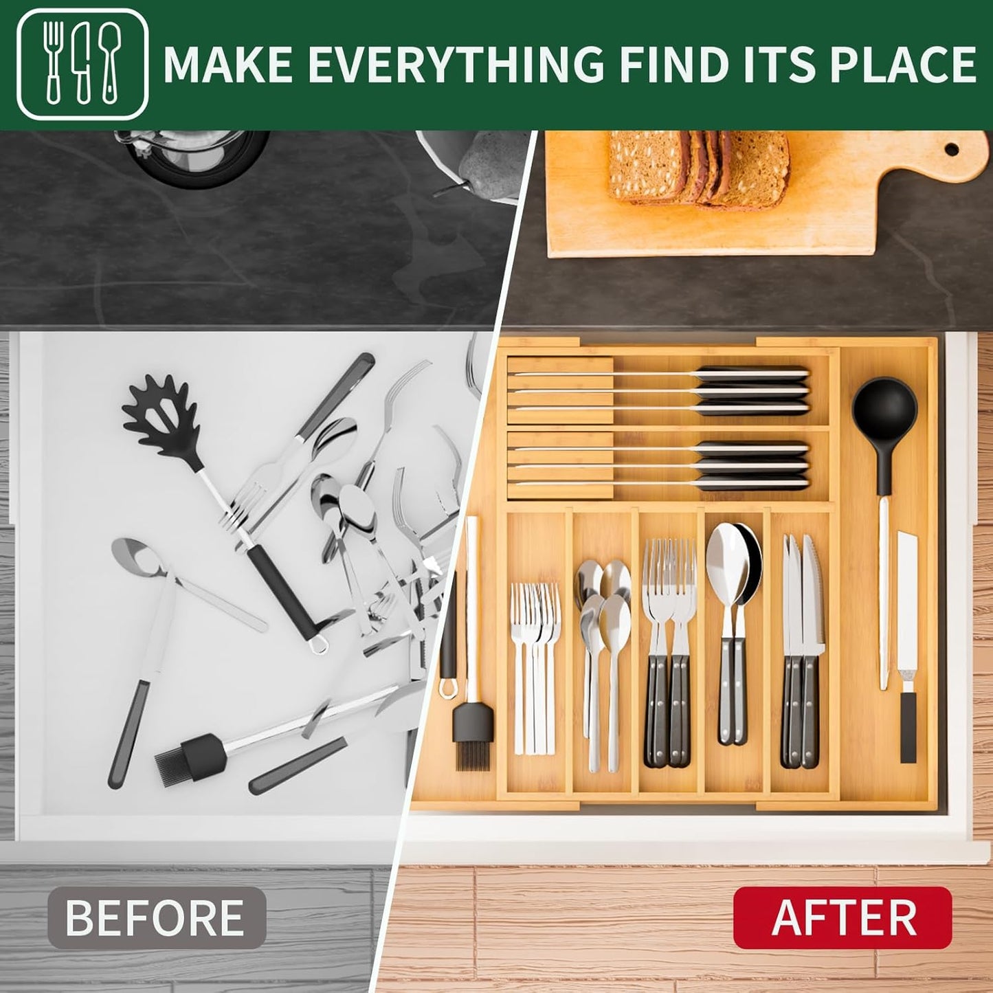 Bamboo Expandable Drawer Organizer for Kitchen Utensils, Adjustable Silverware Tray with 9 Deep Slots for Large Spoons & Knives, Natural Wood Flatware Caddy for Cutlery Storage (Fits 13"-20")