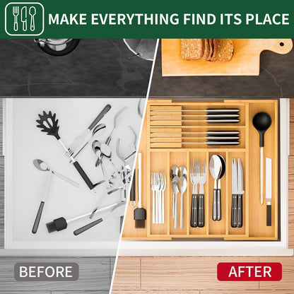 Bamboo Expandable Drawer Organizer for Kitchen Utensils, Adjustable Silverware Tray with 9 Deep Slots for Large Spoons & Knives, Natural Wood Flatware Caddy for Cutlery Storage (Fits 13"-20")
