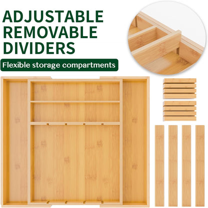 Bamboo Expandable Drawer Organizer for Kitchen Utensils, Adjustable Silverware Tray with 9 Deep Slots for Large Spoons & Knives, Natural Wood Flatware Caddy for Cutlery Storage (Fits 13"-20")