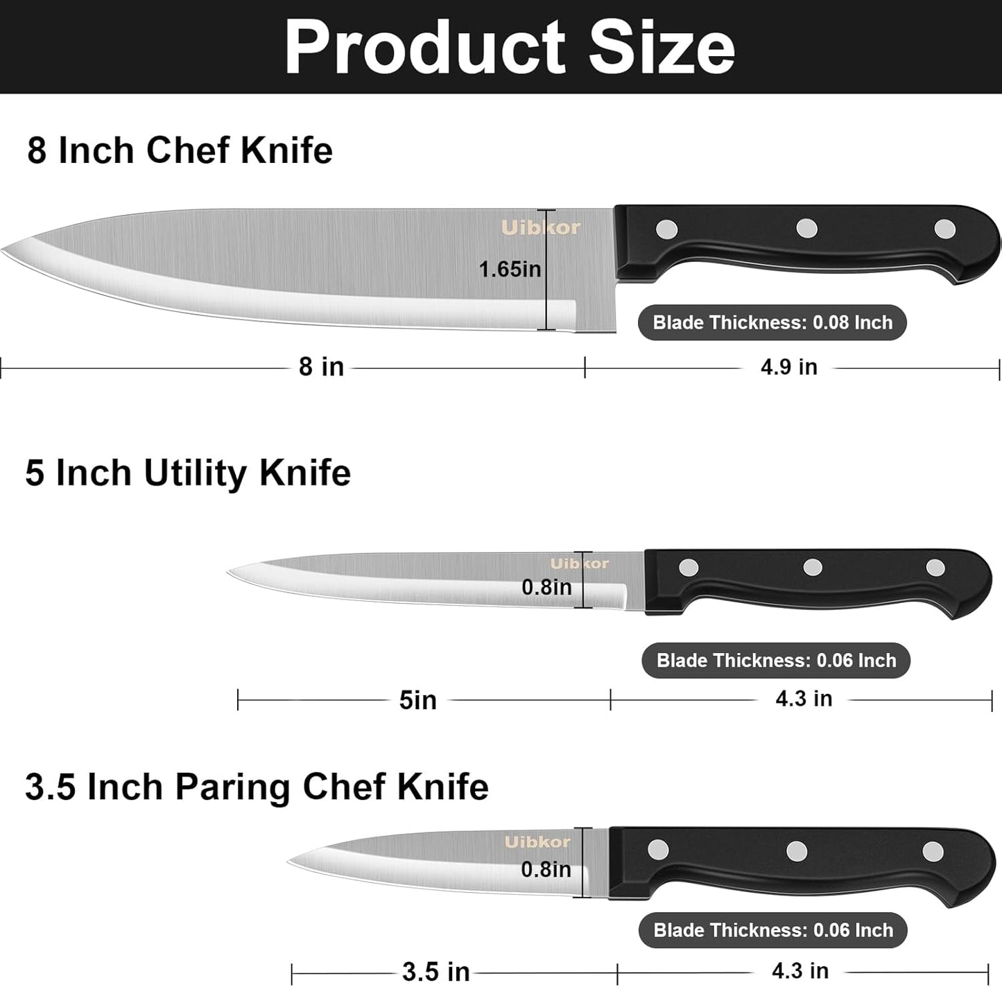 Kitchen Knife, 3-Pcs Knife Set, 8 Inch Chef Knife, 5 Inch Utility Knife | 3.5 Inch Paring Knife, Ultra Sharp Chef's Knives in High Carbon Stainless Steel, Ideal for Cooking, Chopping, Slicing and BBQ