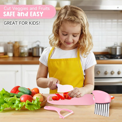 Suhctuptx Toddler Knife Set, Kids Knife Set for Real Cooking, Kid Safe Knives with Cutting Board Crinkle Cutters Montessori Kitchen Toys, Toddler Girl Gifts Age 3 4 5 6 7 8 Year Old