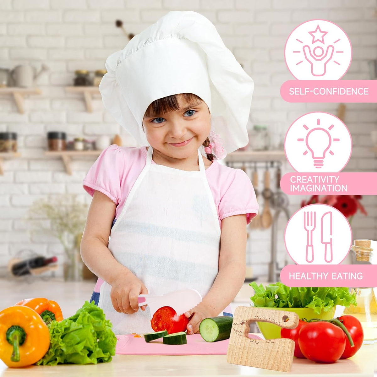 Suhctuptx Toddler Knife Set, Kids Knife Set for Real Cooking, Kid Safe Knives with Cutting Board Crinkle Cutters Montessori Kitchen Toys, Toddler Girl Gifts Age 3 4 5 6 7 8 Year Old