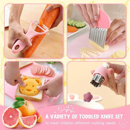 Suhctuptx Toddler Knife Set, Kids Knife Set for Real Cooking, Kid Safe Knives with Cutting Board Crinkle Cutters Montessori Kitchen Toys, Toddler Girl Gifts Age 3 4 5 6 7 8 Year Old