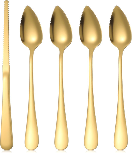 5 Pcs Grapefruit Spoons and Knife Set Gold Stainless Steel Serrated Utensils for Citrus Kiwi Melon Lemon Puree Dishwasher Safe