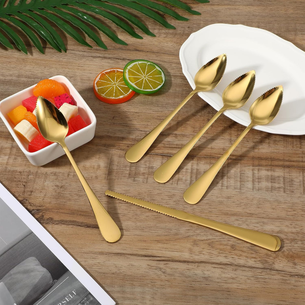 5 Pcs Grapefruit Spoons and Knife Set Gold Stainless Steel Serrated Utensils for Citrus Kiwi Melon Lemon Puree Dishwasher Safe
