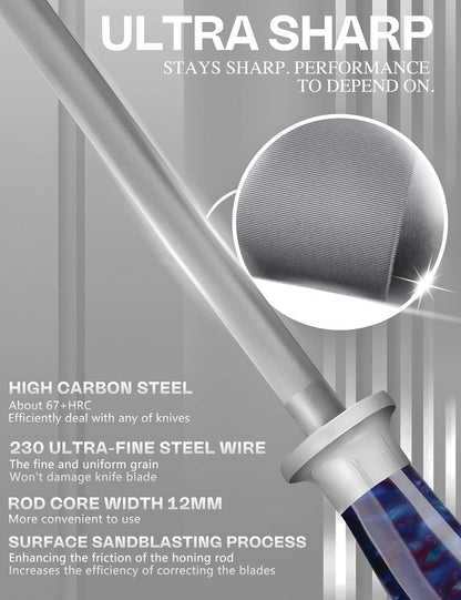 Sharpening Steel Rod, 9 Inch Kitchen Knife Sharpening Rod,Professional Honing Steel,High Carbon Stainless Steel Knife Sharpener