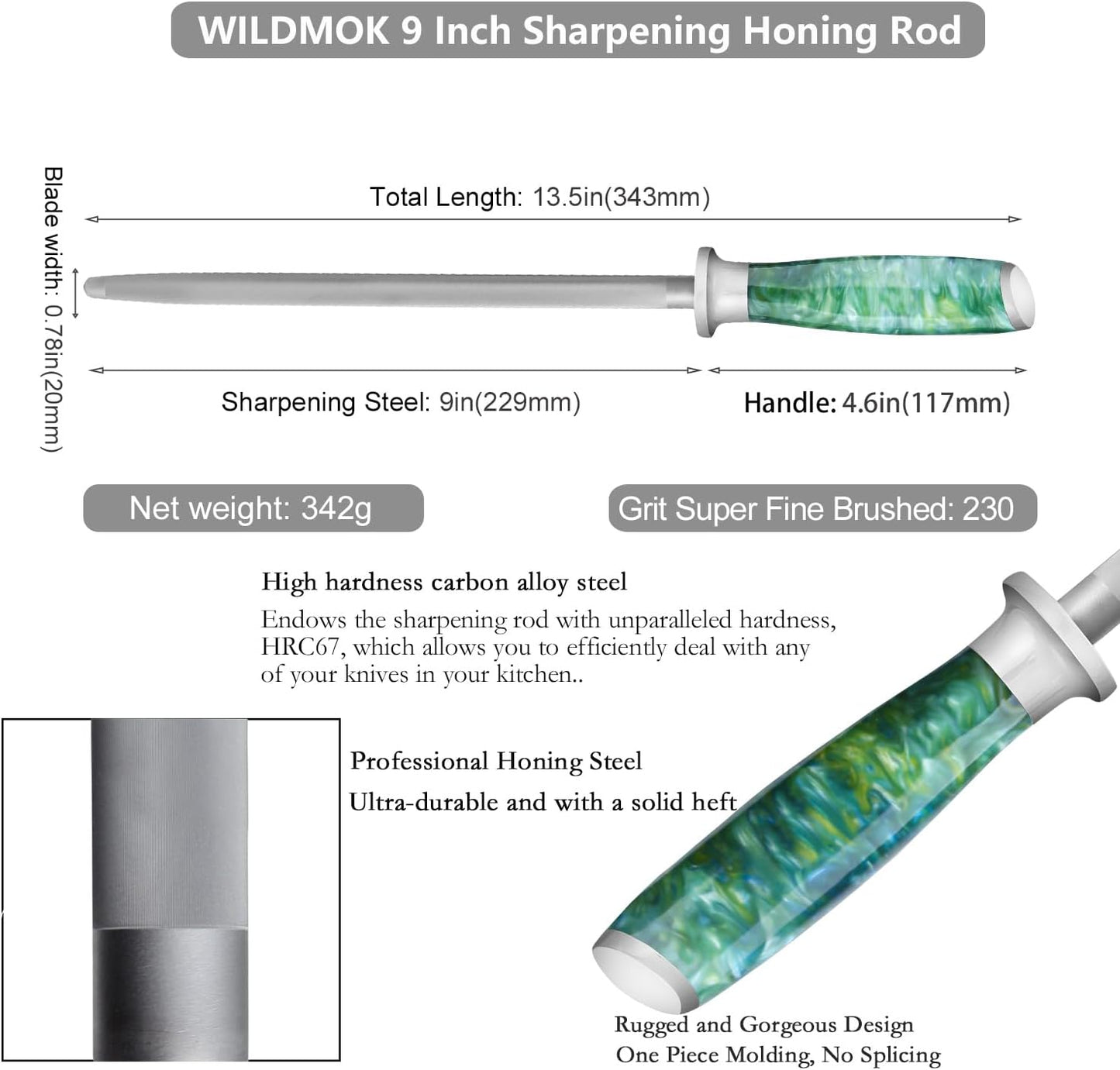 Sharpening Steel Rod, 9 Inch Kitchen Knife Sharpening Rod,Professional Honing Steel,High Carbon Stainless Steel Knife Sharpener