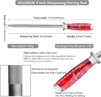 Sharpening Steel Rod, 9 Inch Kitchen Knife Sharpening Rod,Professional Honing Steel,High Carbon Stainless Steel Knife Sharpener