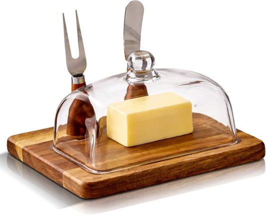 Butter Dish with Lid and Knife Set - Elegant Glass Butter Dish for Countertop – Wooden Base Butter Holder - Large Butter Dish with Lid for 8oz Sticks, Cheese, & Fruit