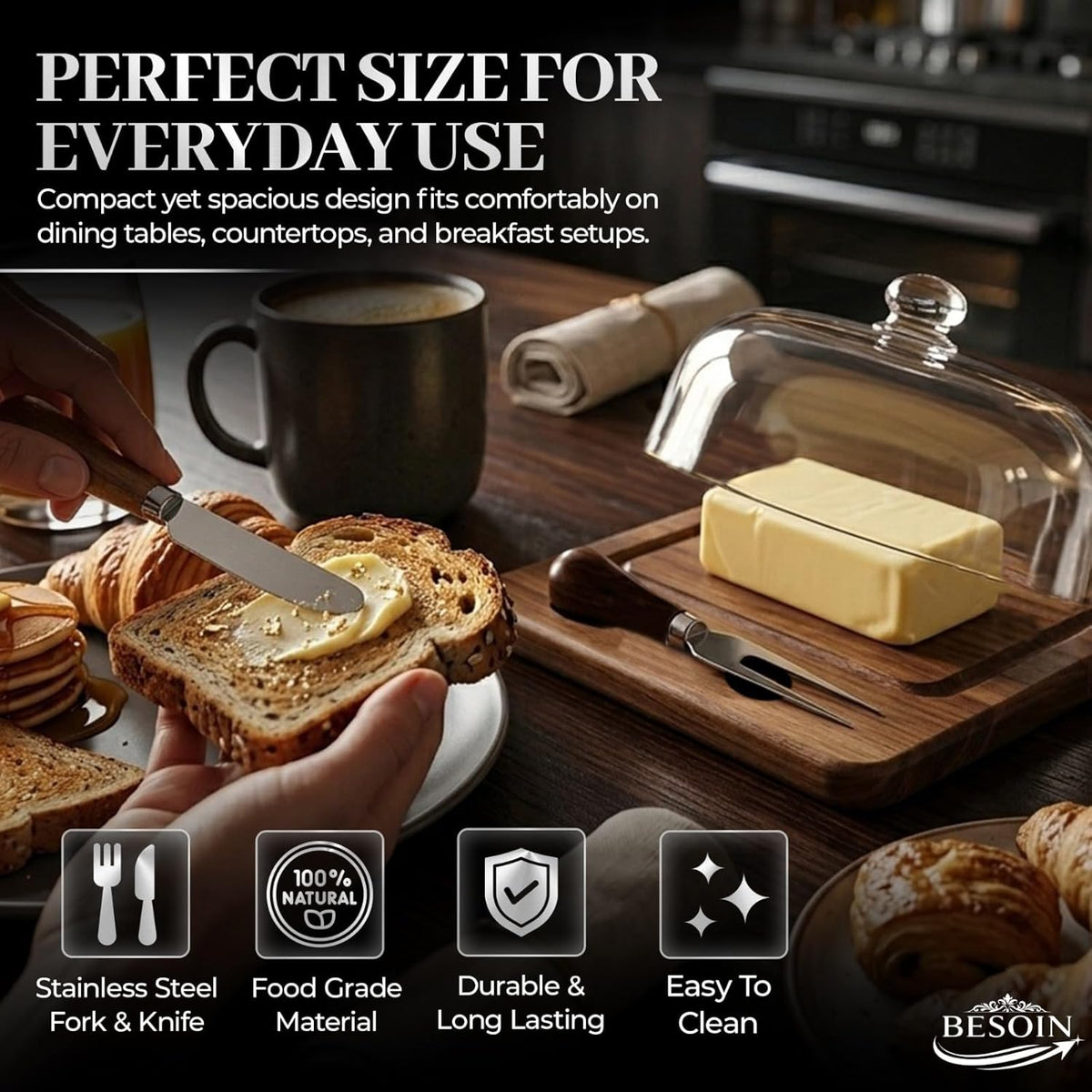 Butter Dish with Lid and Knife Set - Elegant Glass Butter Dish for Countertop – Wooden Base Butter Holder - Large Butter Dish with Lid for 8oz Sticks, Cheese, & Fruit