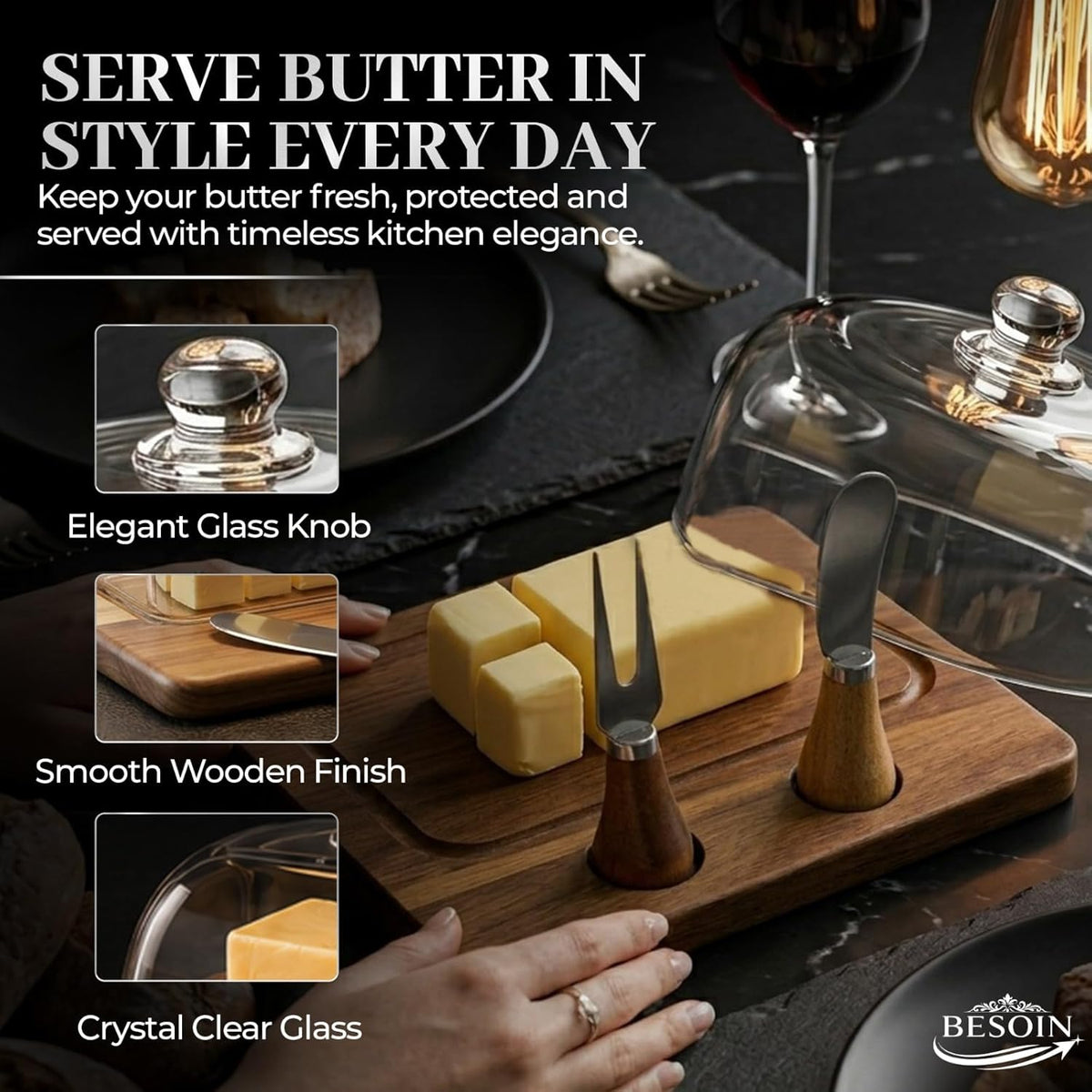 Butter Dish with Lid and Knife Set - Elegant Glass Butter Dish for Countertop – Wooden Base Butter Holder - Large Butter Dish with Lid for 8oz Sticks, Cheese, & Fruit