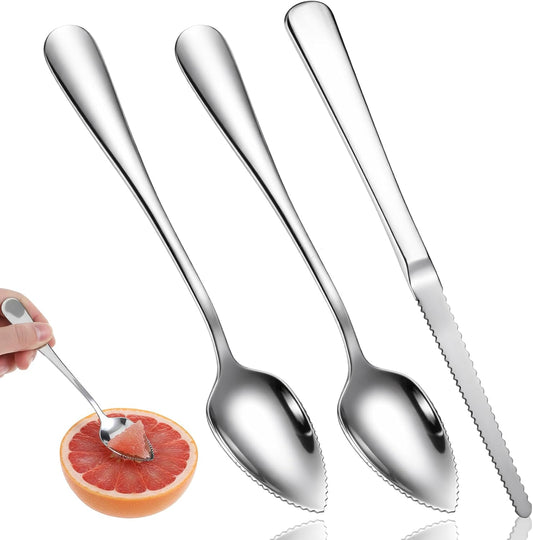 3 Pcs Grapefruit Spoons and Knife Set, Stainless Steel Flatware Set with Serrated Silver Kitchen Cutting Utensil Tool Fruit Eating Tools for Citrus Lemon Kiwi Melon Lime Fruit Puree Dessert