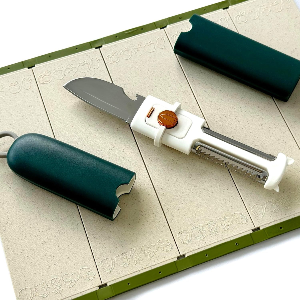 5-in-1 Small Cutting Board Set,Multifunctional Travel Stainless Steel Fruit Knife with cover,Outdoor Portable Peeling Fruit Potato Peeler for Travel, Camping, Kitchen (green)
