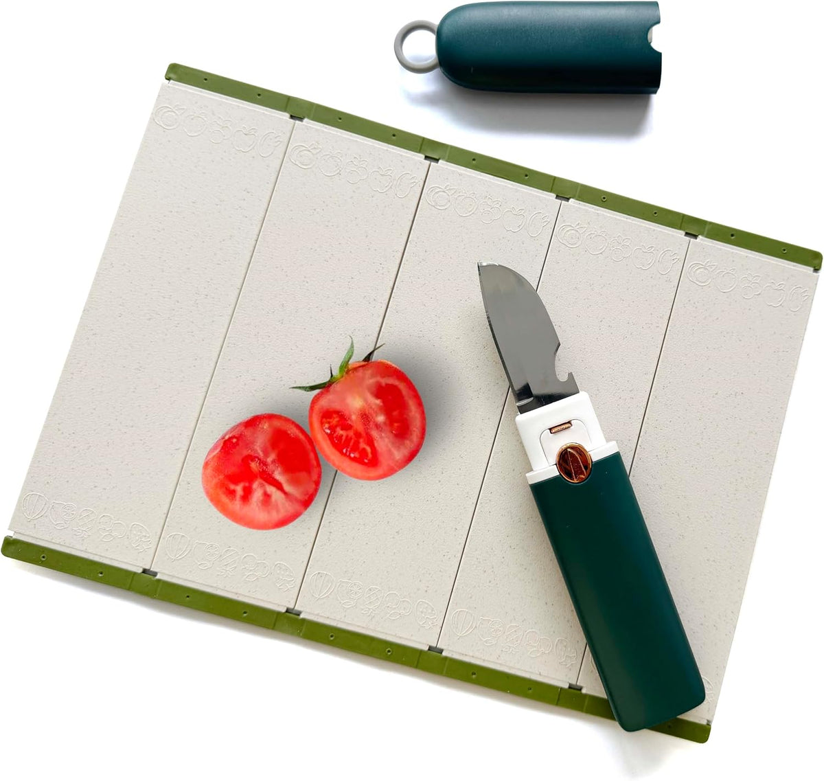 5-in-1 Small Cutting Board Set,Multifunctional Travel Stainless Steel Fruit Knife with cover,Outdoor Portable Peeling Fruit Potato Peeler for Travel, Camping, Kitchen (green)