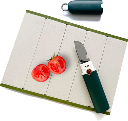 5-in-1 Small Cutting Board Set,Multifunctional Travel Stainless Steel Fruit Knife with cover,Outdoor Portable Peeling Fruit Potato Peeler for Travel, Camping, Kitchen (green)