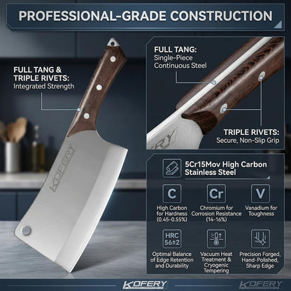 7" Heavy Duty Meat Cleaver for Bone Cutting & Commercial Use | High Carbon Steel, Full Tang Butcher Knife for Bones & Oxtail, Bbq Tool, Tall 3.54" Blade, with Protective Sheath