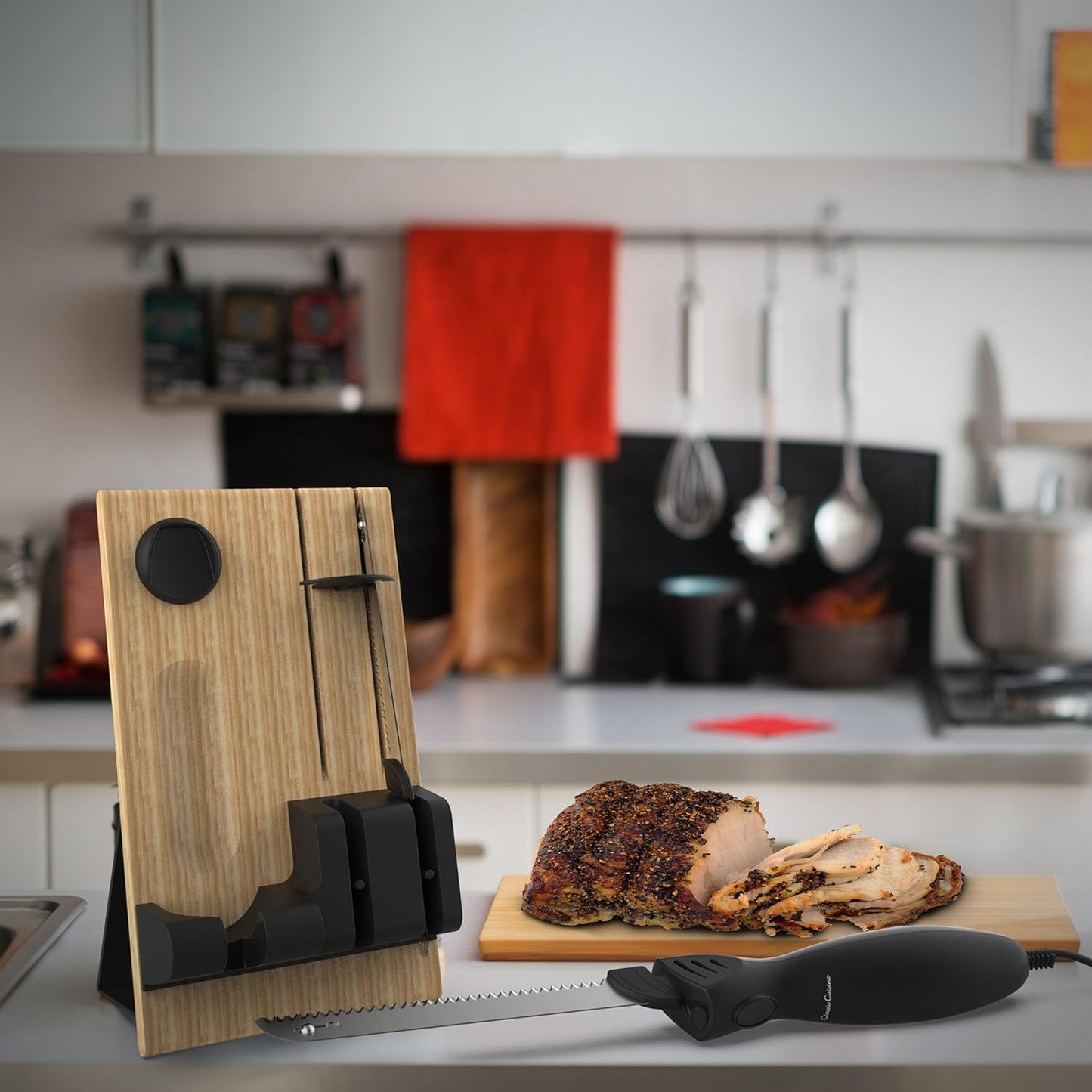 Electric Carving Knife Set - 2 Stainless-Steel Blades, Comfort Grip Handle, and Wood Storage Block for Slicing Bread, Meat and More