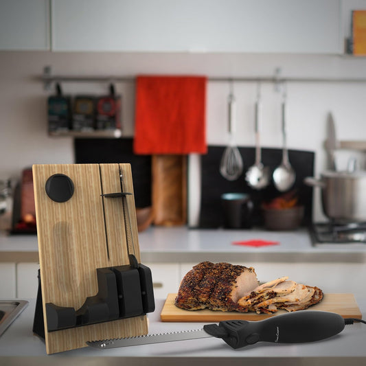 Electric Carving Knife Set - 2 Stainless-Steel Blades, Comfort Grip Handle, and Wood Storage Block for Slicing Bread, Meat and More