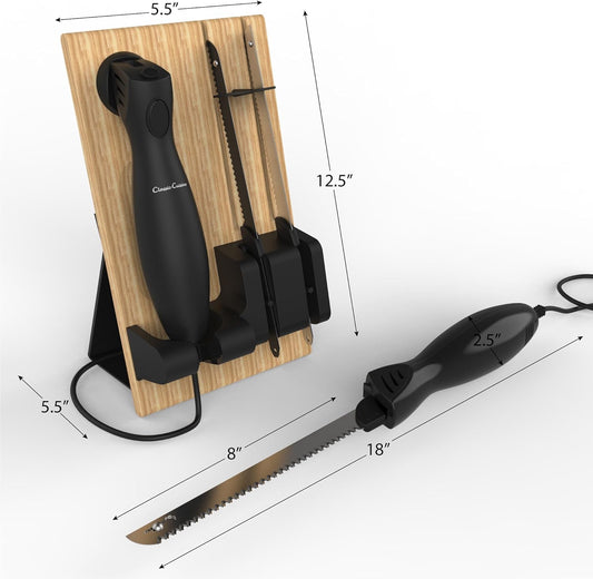 Electric Carving Knife Set - 2 Stainless-Steel Blades, Comfort Grip Handle, and Wood Storage Block for Slicing Bread, Meat and More