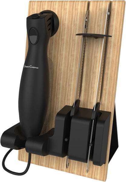 Electric Carving Knife Set - 2 Stainless-Steel Blades, Comfort Grip Handle, and Wood Storage Block for Slicing Bread, Meat and More