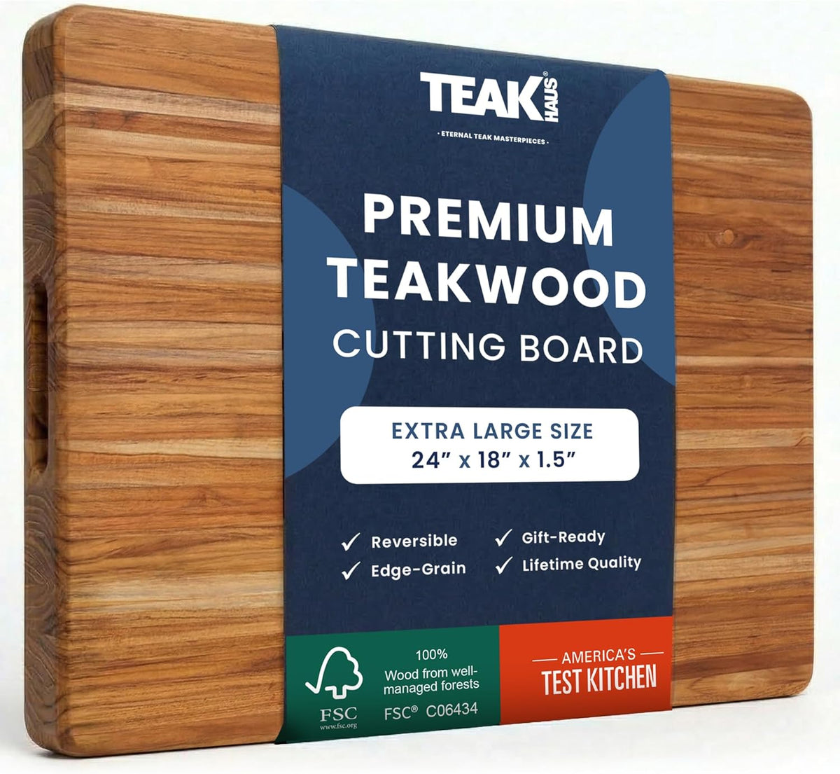 Cutting Board - Extra Large (XL) Teak Wood Cutting Board 24”L x 18”W x 1.5” Thick - Sustainably Harvested and FSC Certified - Knife Friendly with Natural Oil Finish