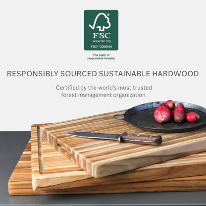 Cutting Board - Extra Large (XL) Teak Wood Cutting Board 24”L x 18”W x 1.5” Thick - Sustainably Harvested and FSC Certified - Knife Friendly with Natural Oil Finish