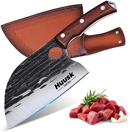 Huusk Serbian Chef Knife with Sheath, Meat Cleaver for Meat Cutting | Hand Forged Butcher Knife with Wood Handle, Full Tang Chopping Cleaver for Kitchen Outdoor BBQ Camping,Gifts for Men
