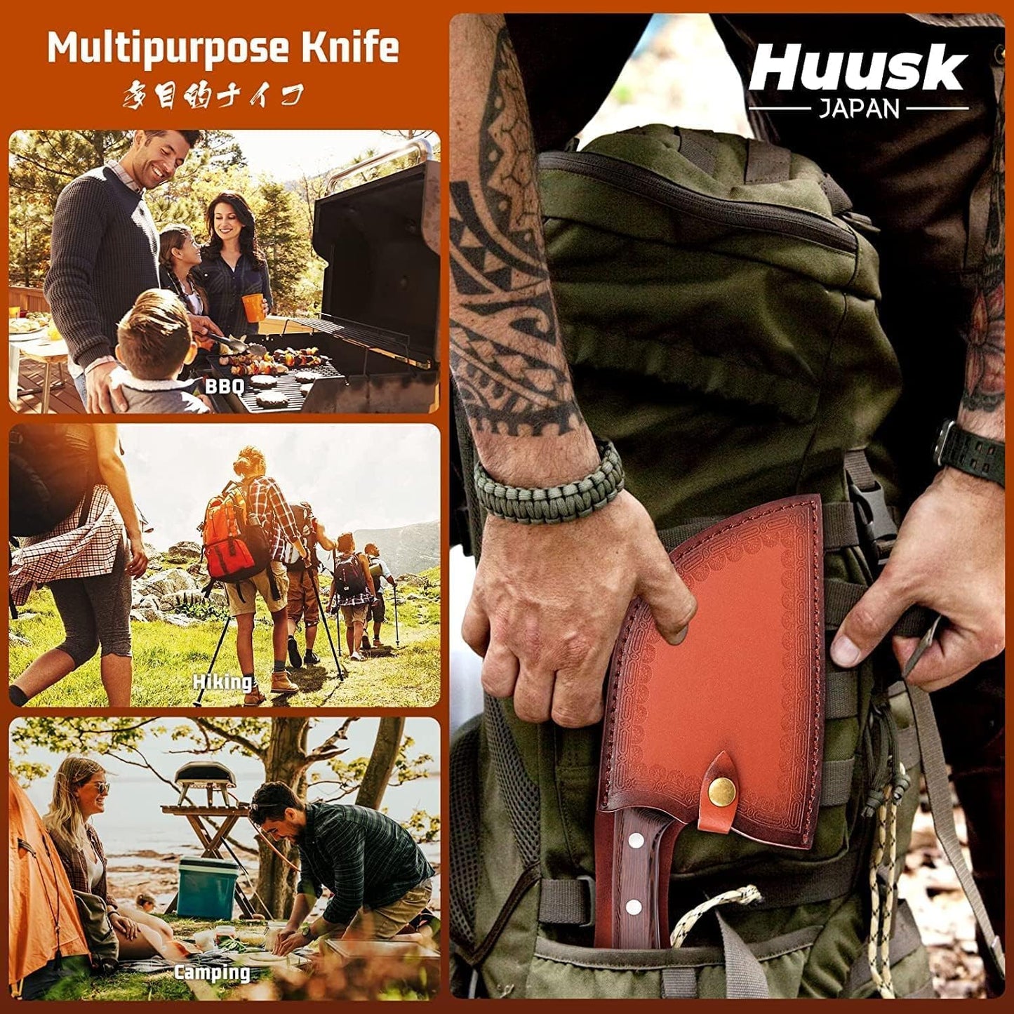 Huusk Serbian Chef Knife with Sheath, Meat Cleaver for Meat Cutting | Hand Forged Butcher Knife with Wood Handle, Full Tang Chopping Cleaver for Kitchen Outdoor BBQ Camping,Gifts for Men