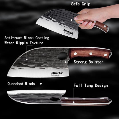 Huusk Serbian Chef Knife with Sheath, Meat Cleaver for Meat Cutting | Hand Forged Butcher Knife with Wood Handle, Full Tang Chopping Cleaver for Kitchen Outdoor BBQ Camping,Gifts for Men