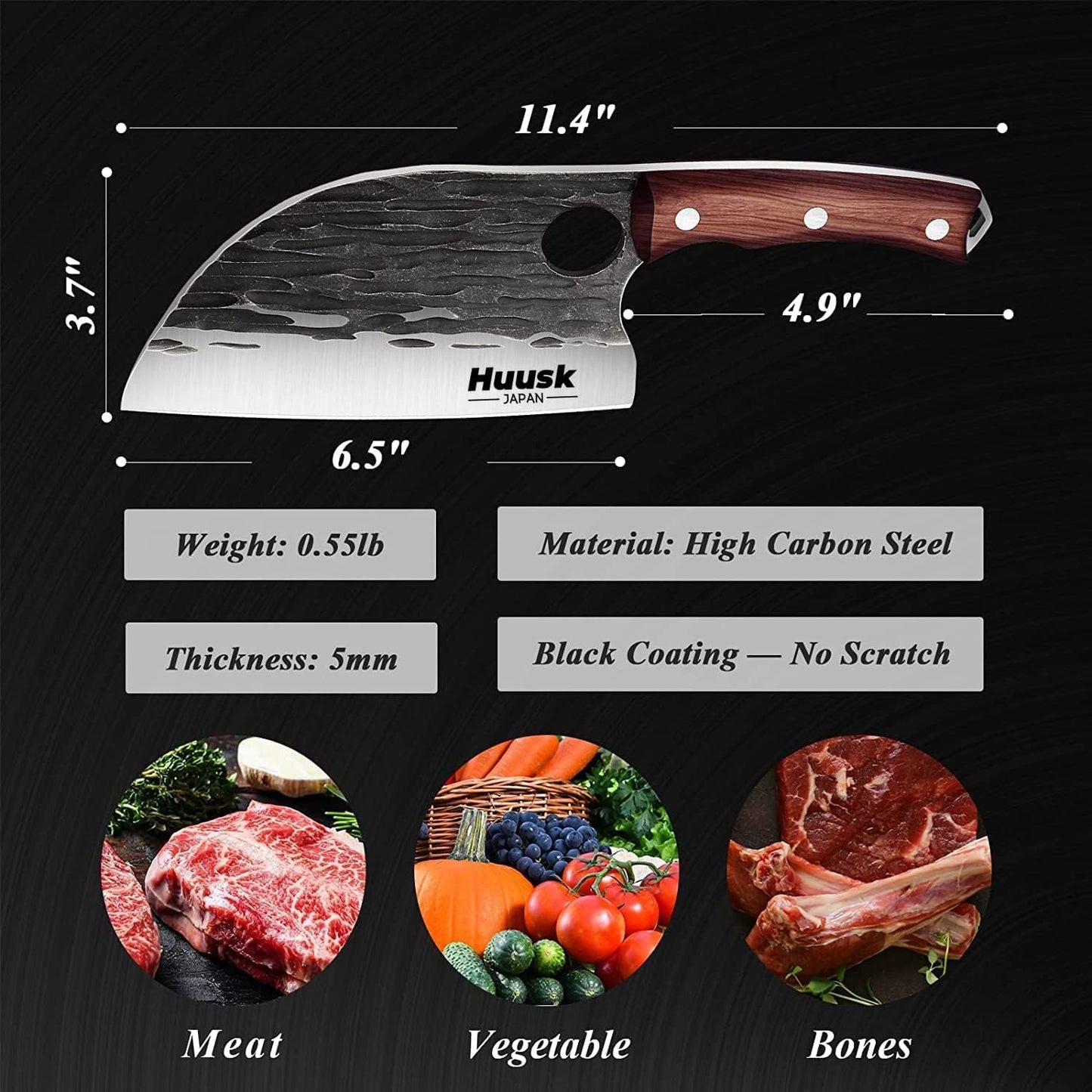 Huusk Serbian Chef Knife with Sheath, Meat Cleaver for Meat Cutting | Hand Forged Butcher Knife with Wood Handle, Full Tang Chopping Cleaver for Kitchen Outdoor BBQ Camping,Gifts for Men