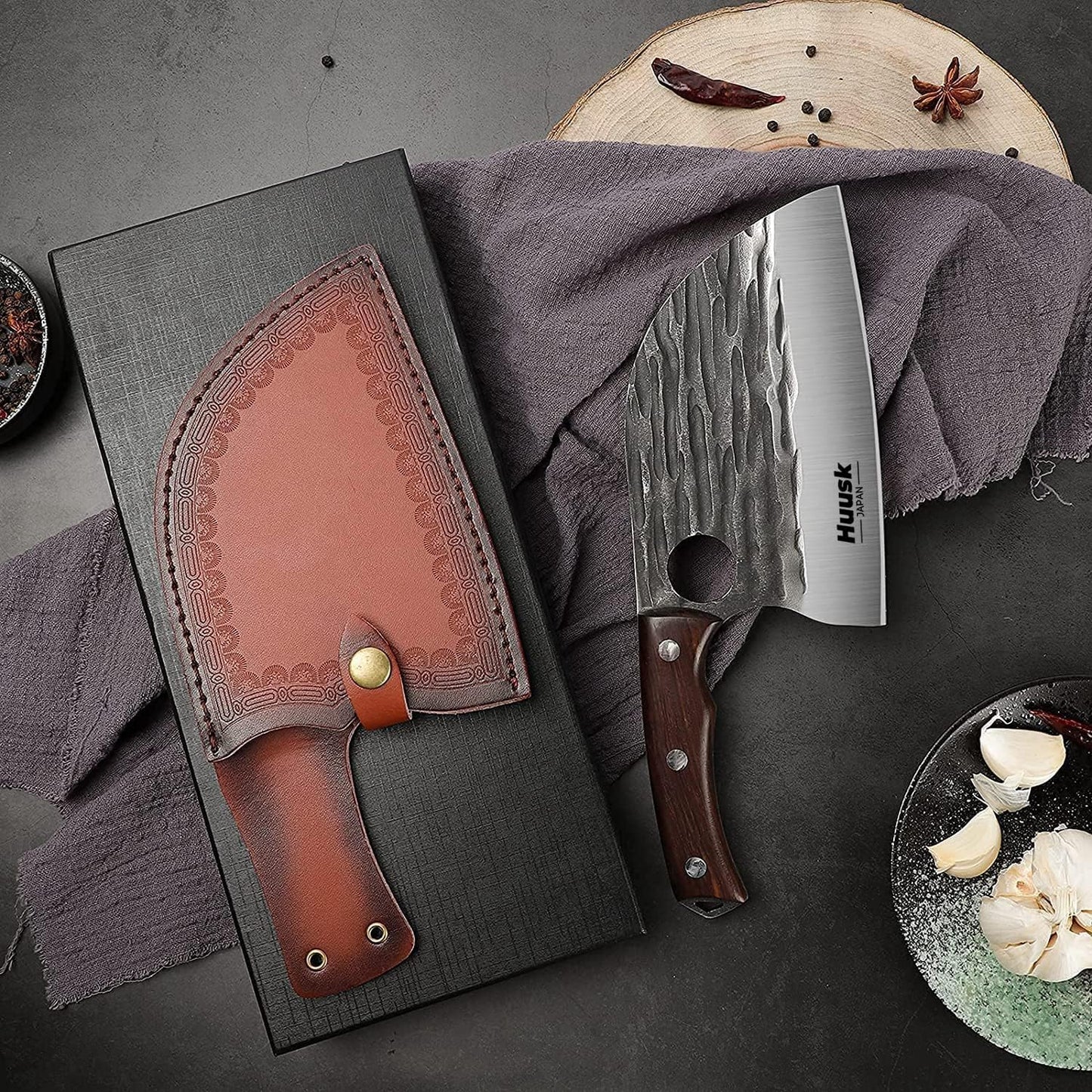 Huusk Serbian Chef Knife with Sheath, Meat Cleaver for Meat Cutting | Hand Forged Butcher Knife with Wood Handle, Full Tang Chopping Cleaver for Kitchen Outdoor BBQ Camping,Gifts for Men