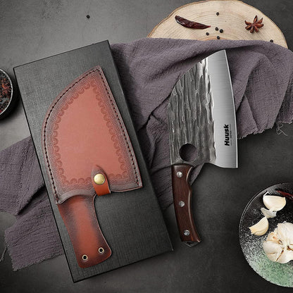 Huusk Serbian Chef Knife with Sheath, Meat Cleaver for Meat Cutting | Hand Forged Butcher Knife with Wood Handle, Full Tang Chopping Cleaver for Kitchen Outdoor BBQ Camping,Gifts for Men