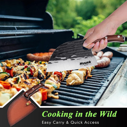 Huusk Serbian Chef Knife with Sheath, Meat Cleaver for Meat Cutting | Hand Forged Butcher Knife with Wood Handle, Full Tang Chopping Cleaver for Kitchen Outdoor BBQ Camping,Gifts for Men