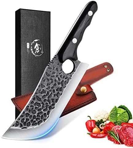 Huusk Serbian Chef Knife with Sheath, Meat Cleaver for Meat Cutting | Hand Forged Butcher Knife with Wood Handle, Full Tang Chopping Cleaver for Kitchen Outdoor BBQ Camping,Gifts for Men