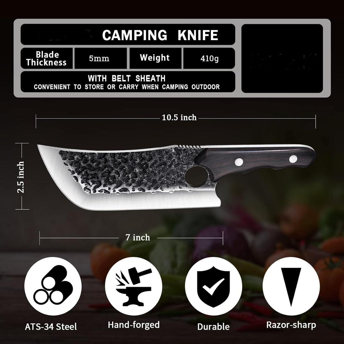 Huusk Serbian Chef Knife with Sheath, Meat Cleaver for Meat Cutting | Hand Forged Butcher Knife with Wood Handle, Full Tang Chopping Cleaver for Kitchen Outdoor BBQ Camping,Gifts for Men