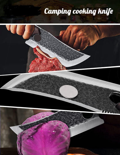 Huusk Serbian Chef Knife with Sheath, Meat Cleaver for Meat Cutting | Hand Forged Butcher Knife with Wood Handle, Full Tang Chopping Cleaver for Kitchen Outdoor BBQ Camping,Gifts for Men