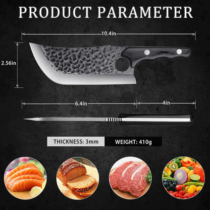Huusk Serbian Chef Knife with Sheath, Meat Cleaver for Meat Cutting | Hand Forged Butcher Knife with Wood Handle, Full Tang Chopping Cleaver for Kitchen Outdoor BBQ Camping,Gifts for Men